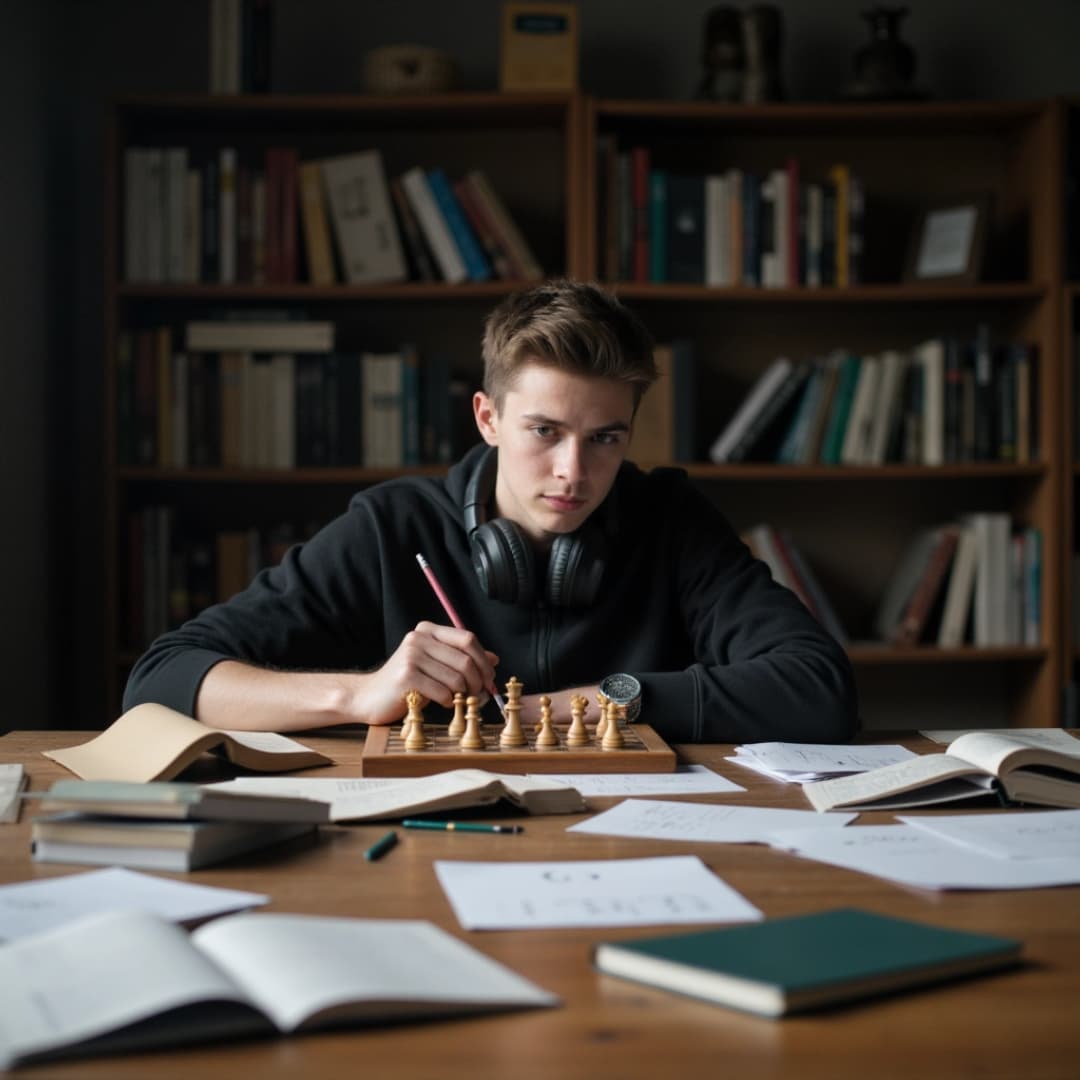ein junge im office, der gerade schach spielt, er hat scheinbar keinen gegner