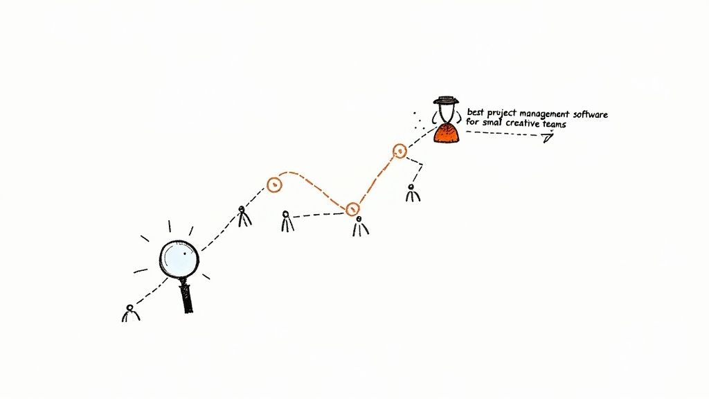 A person looking at a treasure map, symbolizing the search for valuable long-tail keywords.