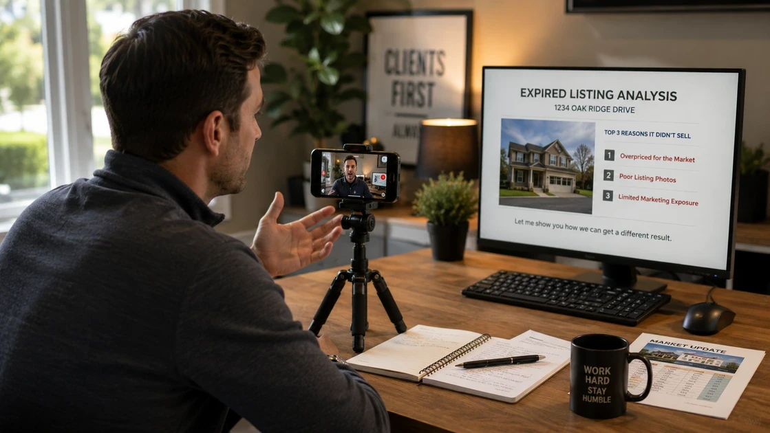 A real estate agent recording a personalized video market analysis for an expired listing homeowner.