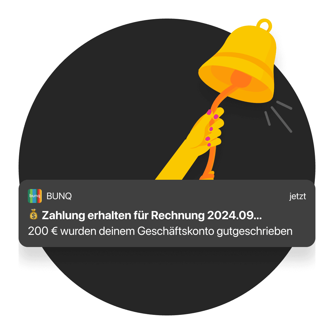 Benachrichtigung über eine aktuelle Zahlung, mit einer Hand, die eine gelbe Glocke hält.