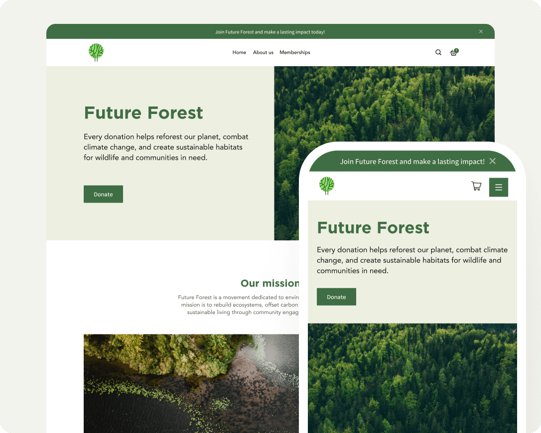"Future Forest" website mockup with lush green forest imagery displayed on both desktop and mobile screens.