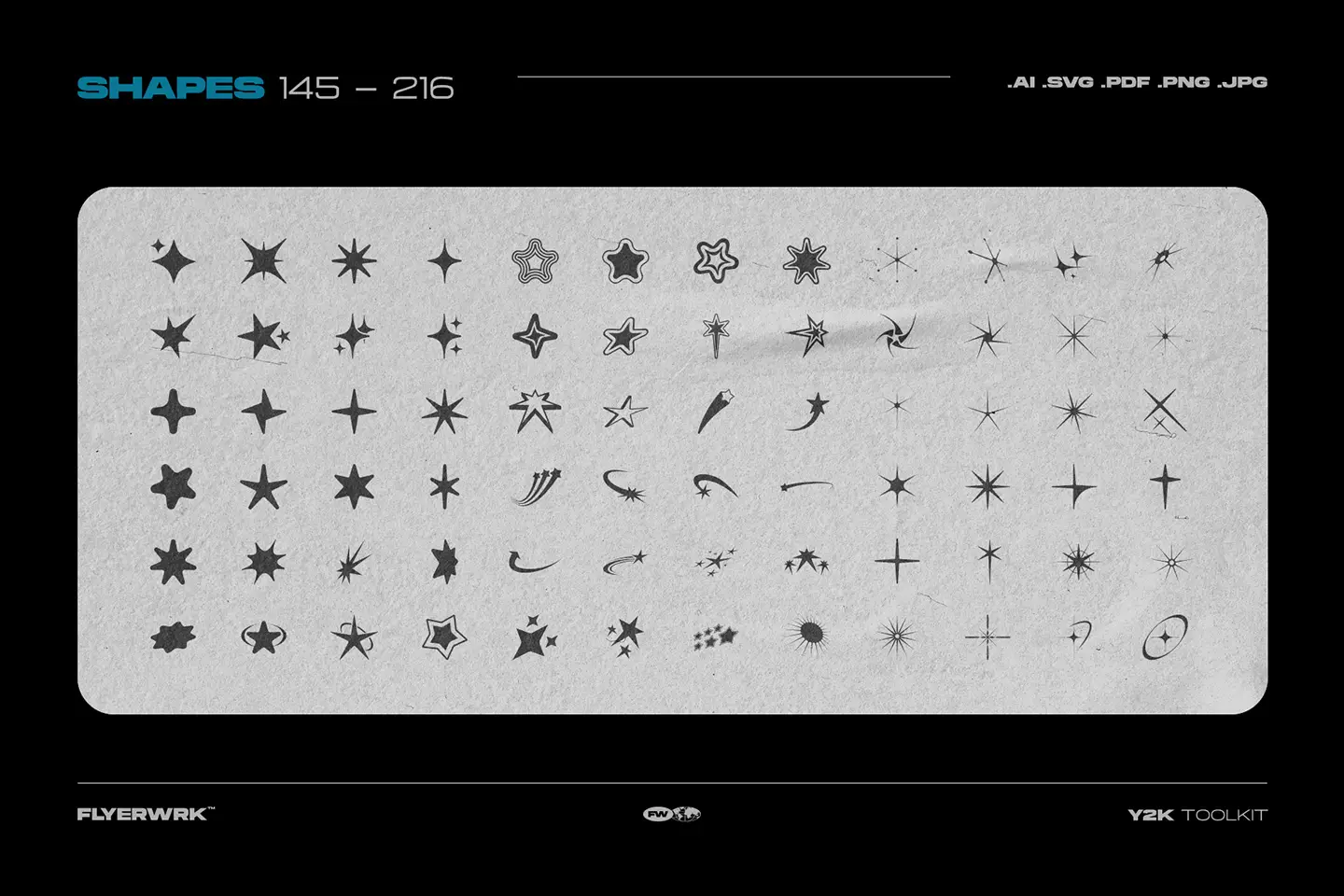 Y2K Toolkit vector shapes 145 to 216 preview with starburst icons