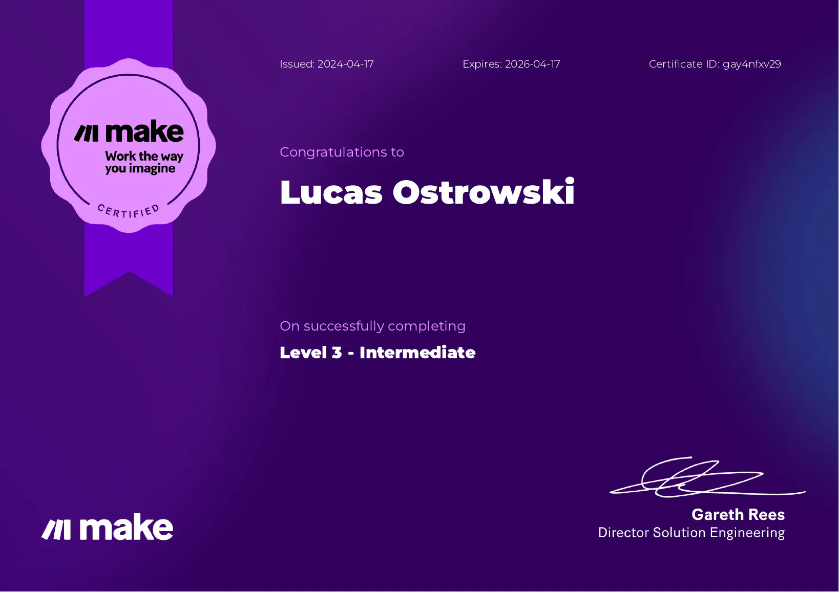 Make Partners Level 3 certificate for Lucas Ostrowski