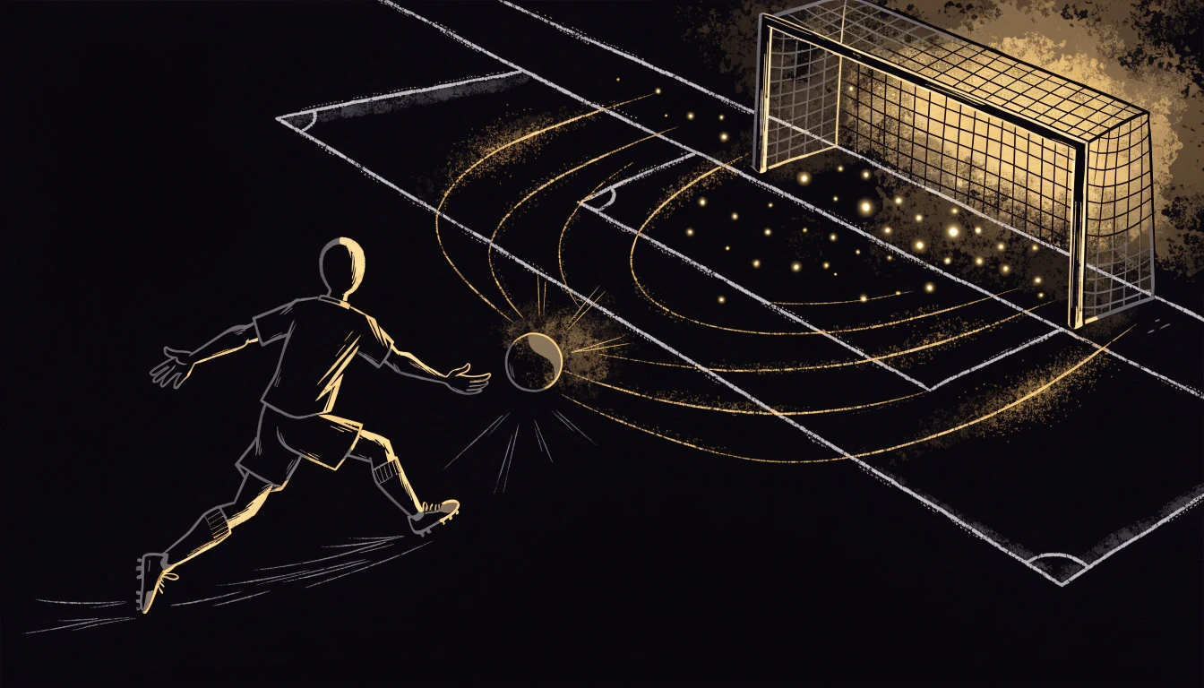 Illustration of a striker shooting at goal, with glowing gold dots and arcs on the pitch showing the chance of scoring