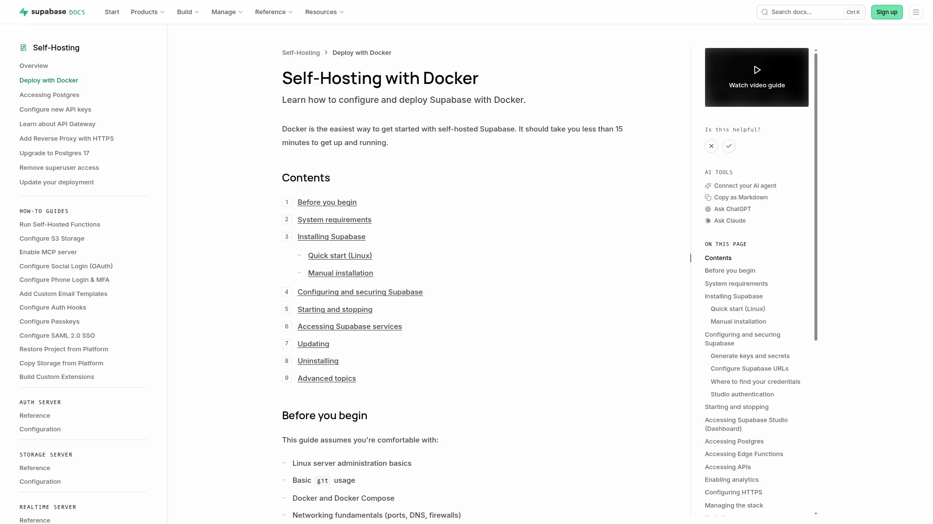 Screenshot of the official Supabase self-hosting with Docker documentation page