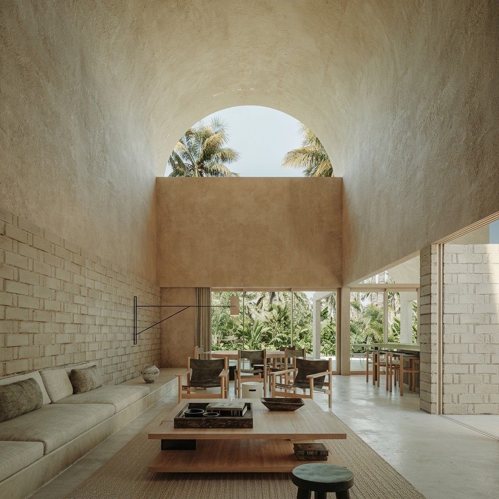 Vaulted living room featuring a massive concrete arch, textured brick walls, and modern lounge chairs.