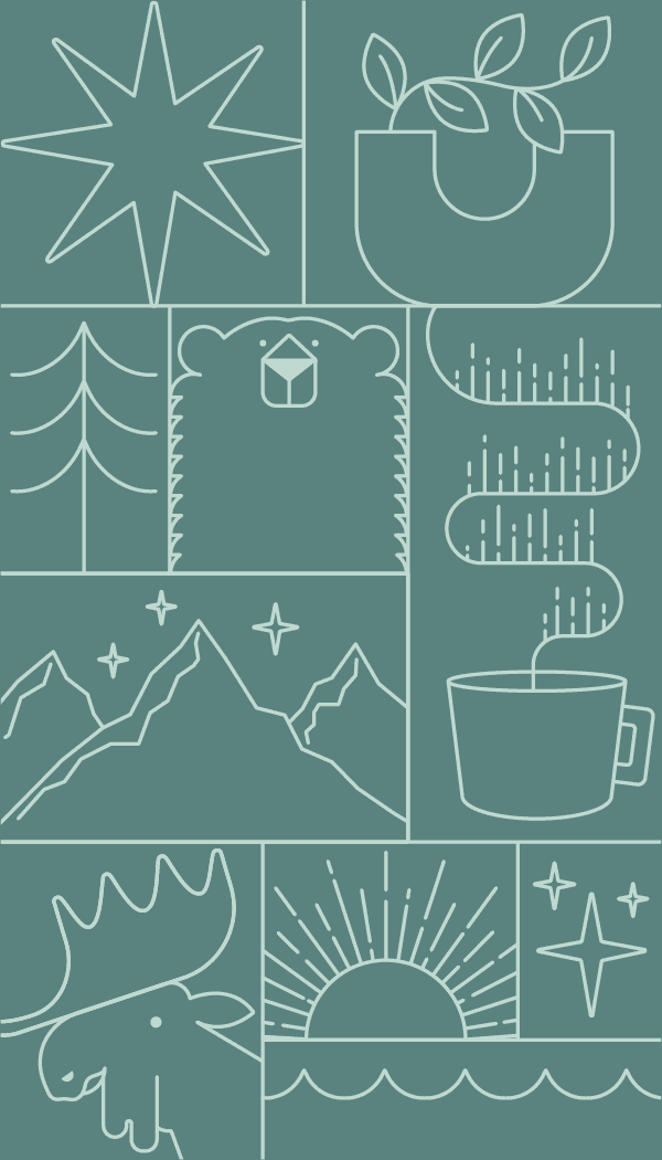 A modular vector illustration made for SunStar Alaska Bed & Breakfast, showcasing various symbols of Alaska such as a moose, the local mountains, a coffee mug with the aroura borealis steaming from the cup, a bear, a plant, a star, the ocean, a sun, and a tree.