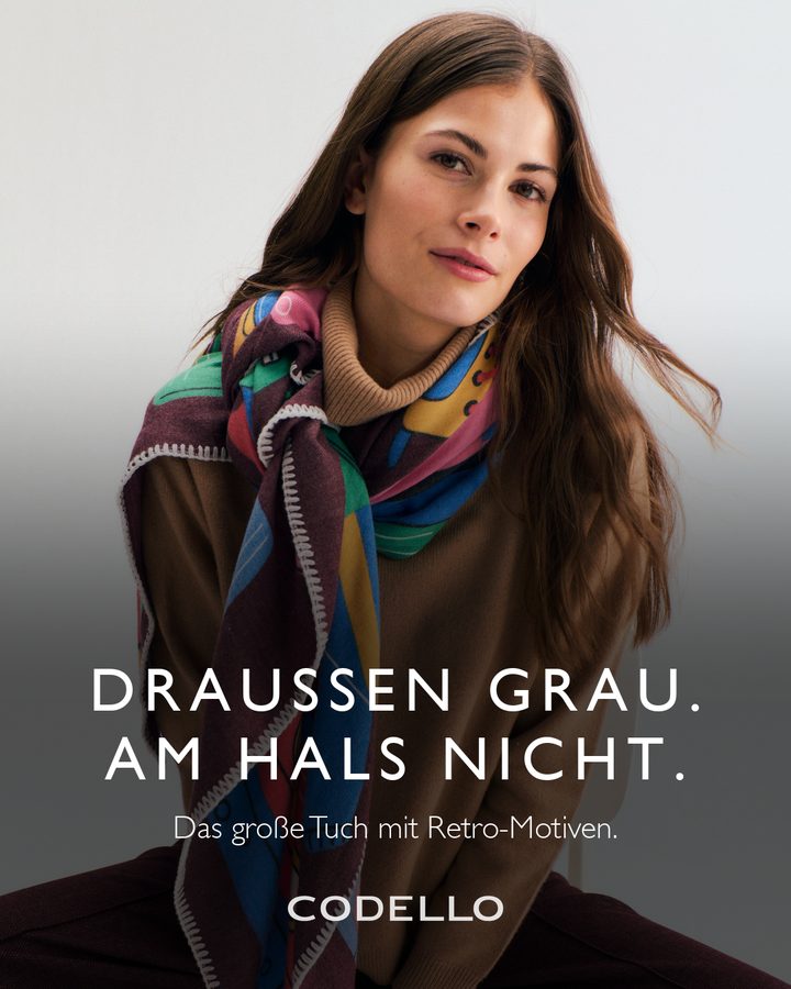 	Statisches Meta Ad für ein buntes Tuch: Draußen grau. Am Hals nicht.