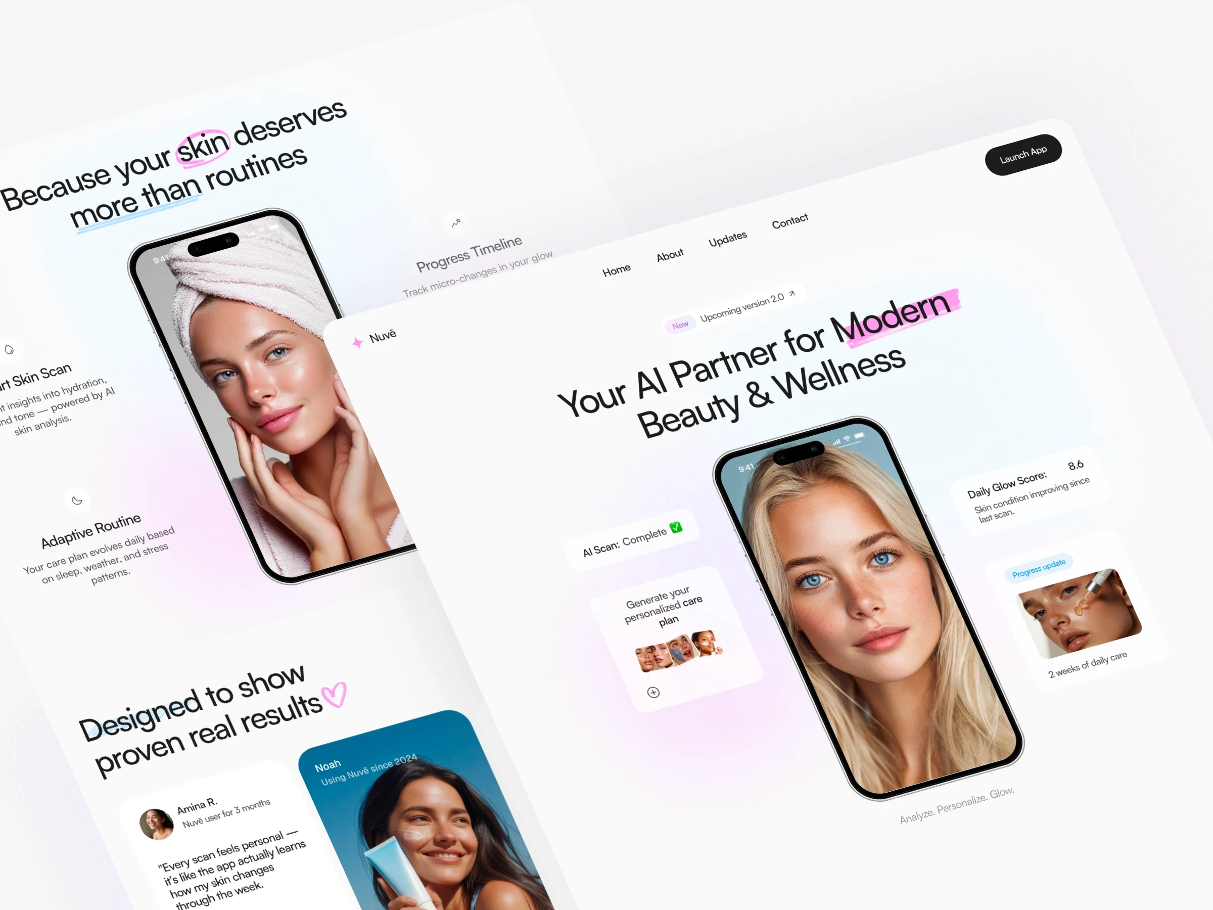 Nuvē AI beauty and wellness website template with skincare app UI, personalized routines, progress tracking, and modern clean design.