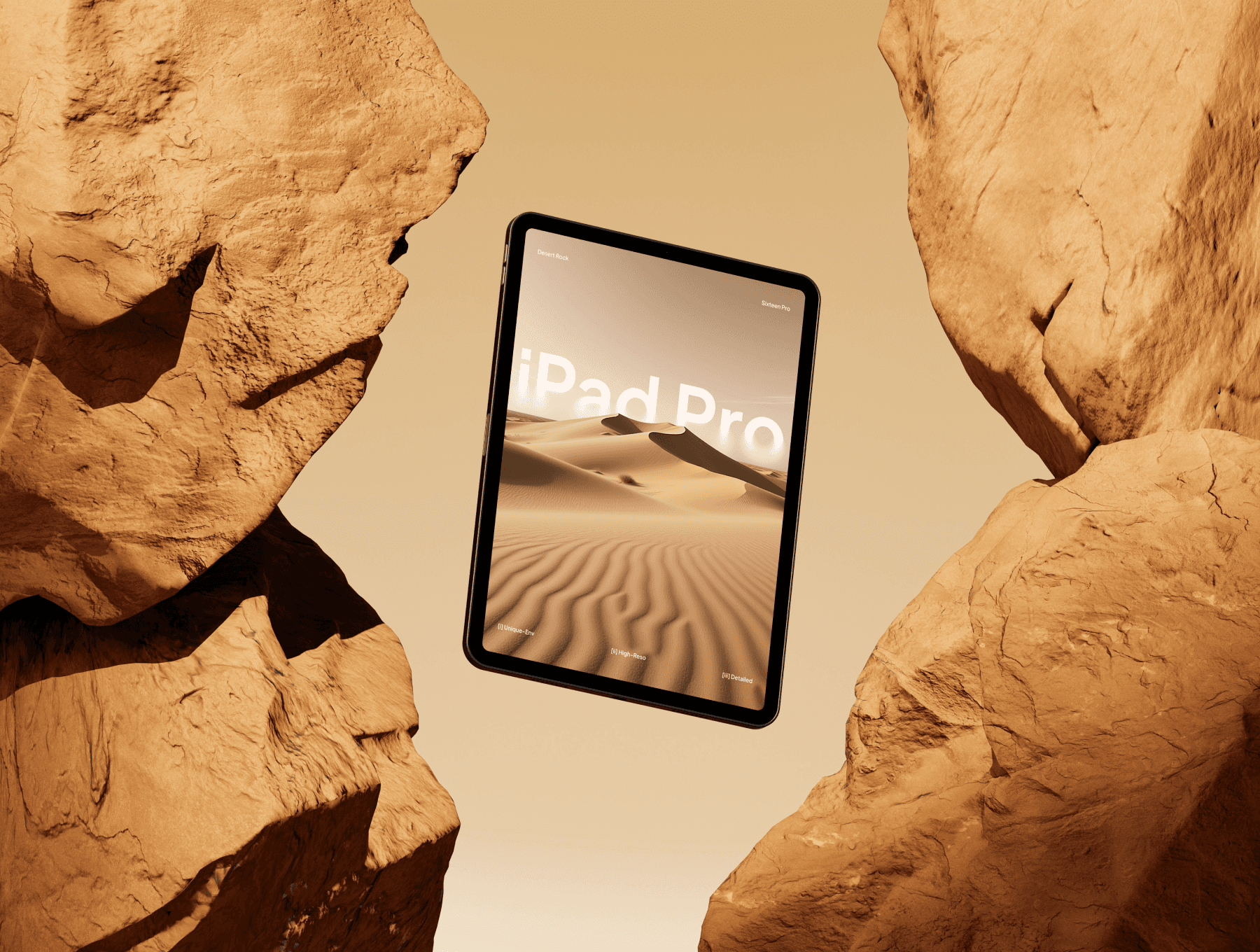 iPad Pro mockup between desert rocks