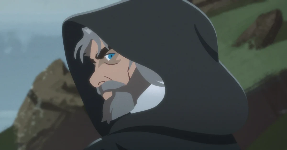 Animated Luke Skywalker on Ahch-To wearing a dark cloak and hood