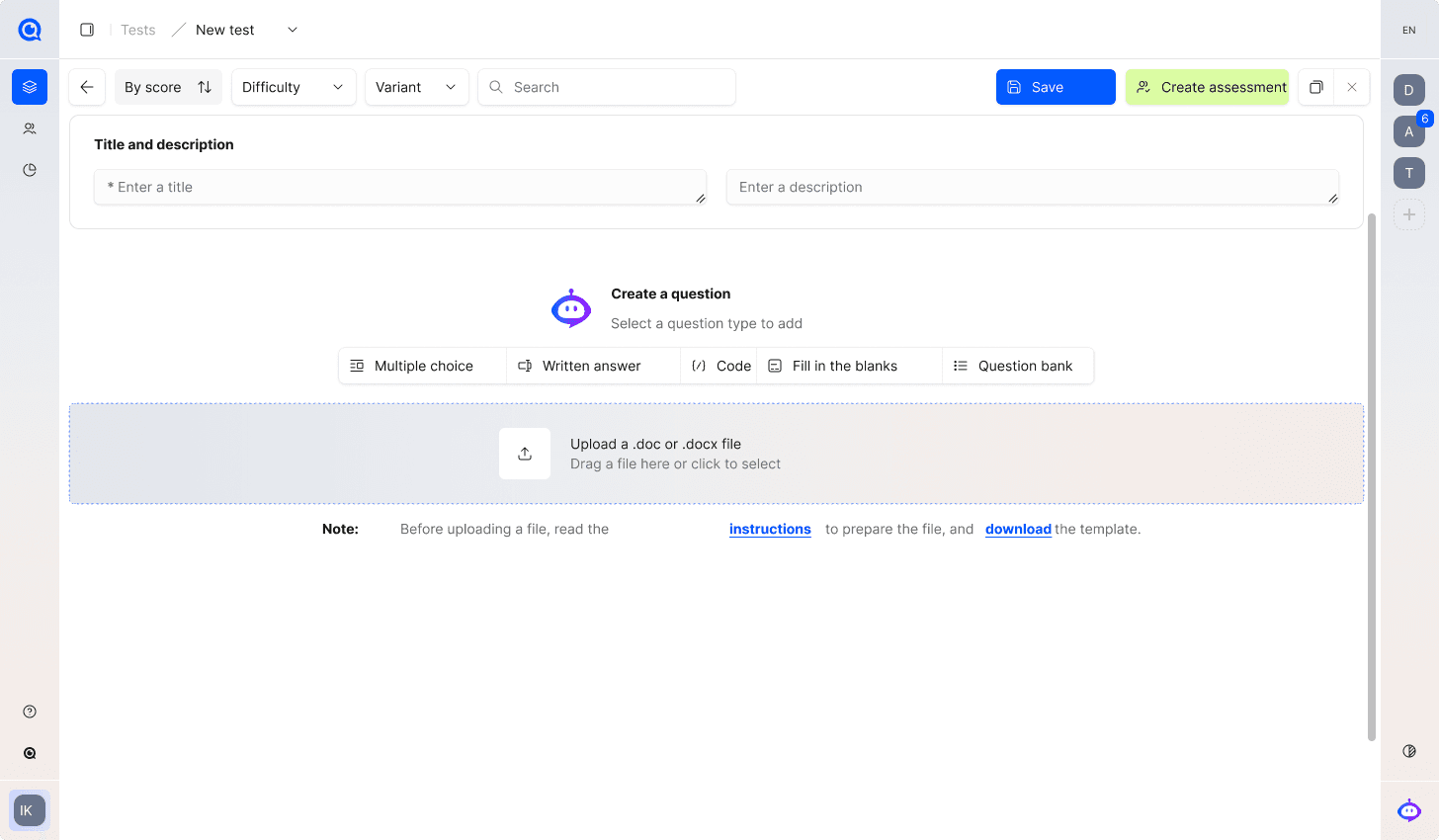 Illustrative TrustExam interface: question types and import