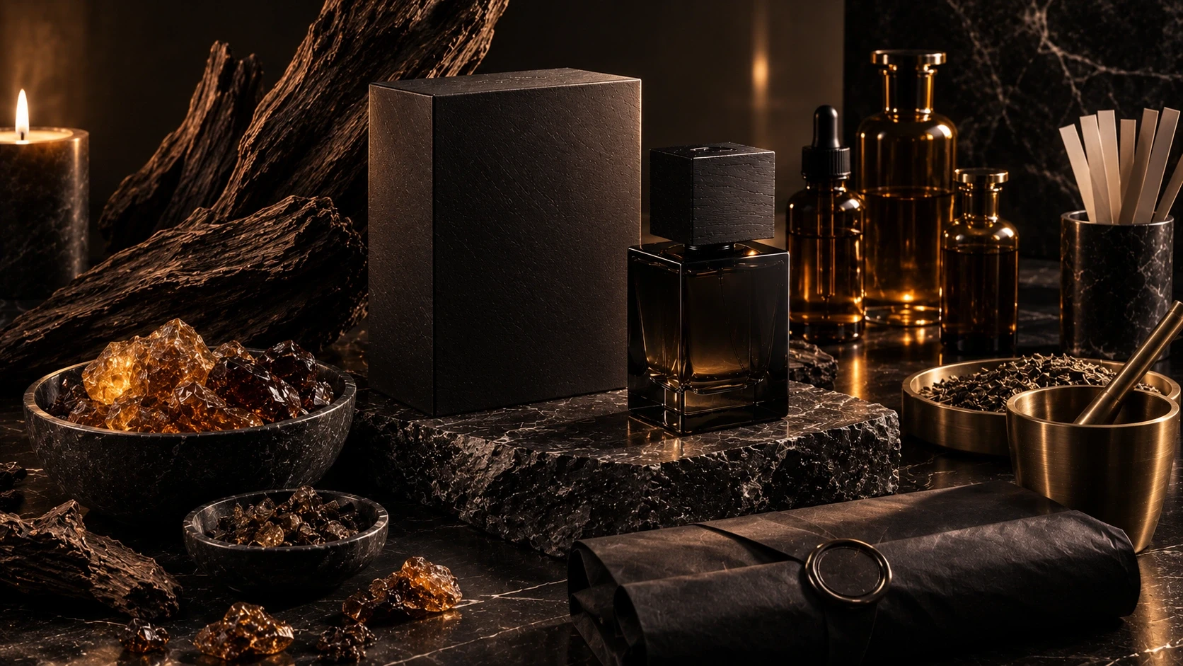 Luxury perfume packaging with matte black gift boxes, amber bottles, oud wood, and handcrafted fragrance ingredients.