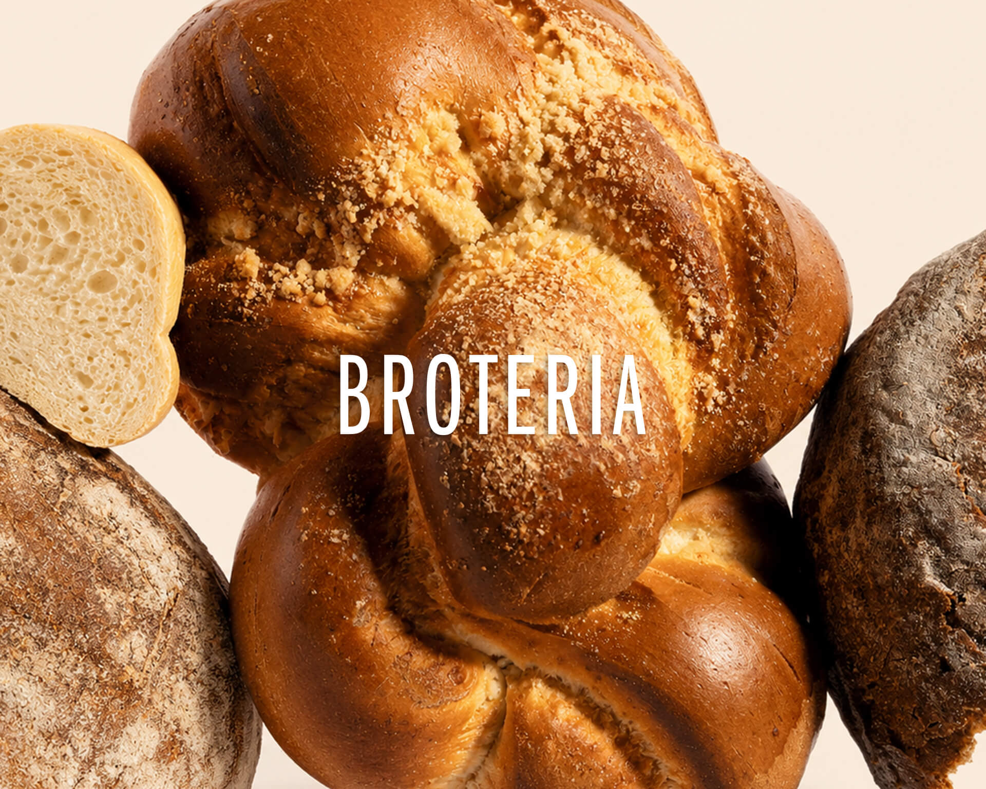 Close-up of artisan bread loaves with Broteria branding for the bakery identity