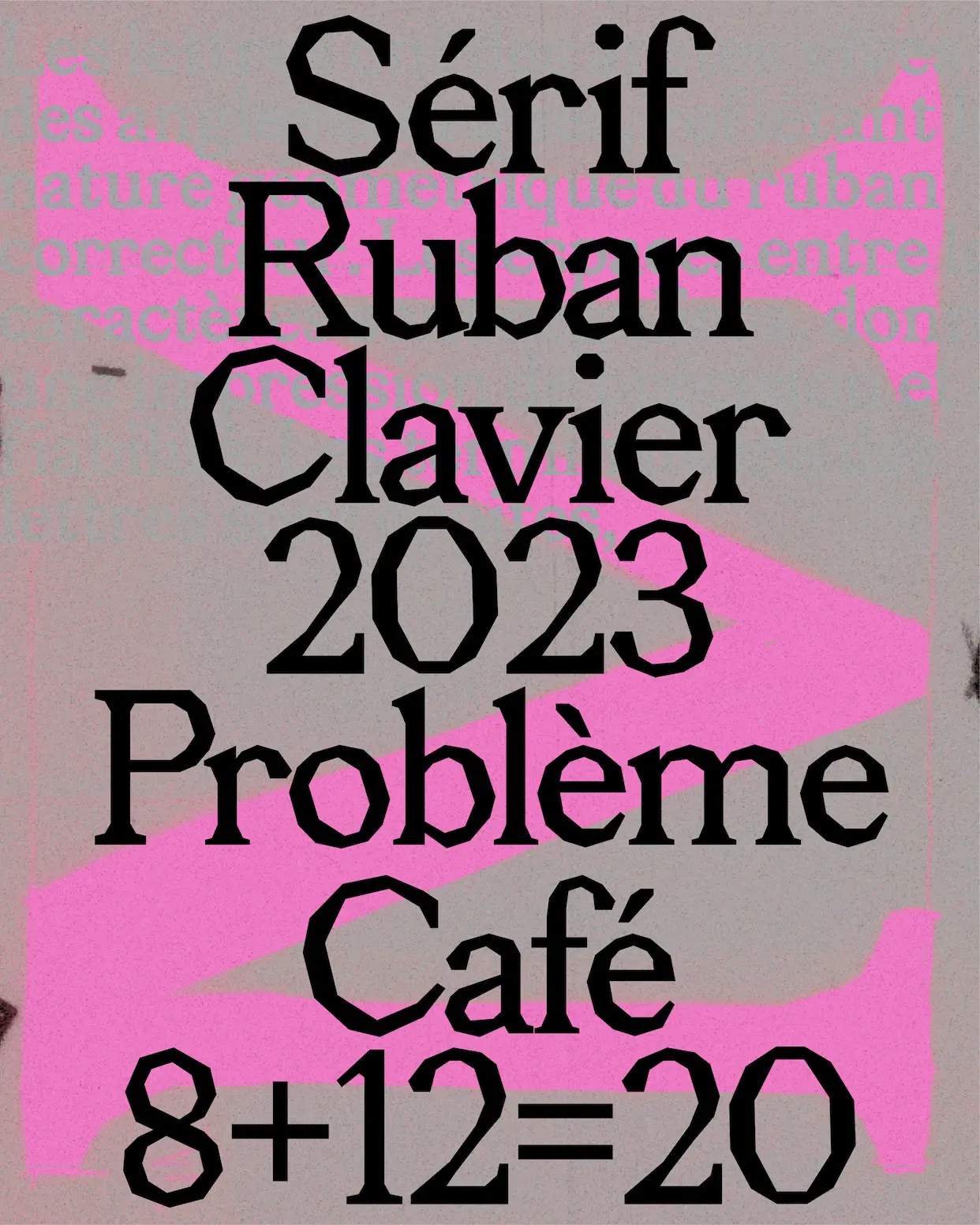 Gros plan sur une composition typographique bleue, partiellement masquée par des bandes de ruban blanc.