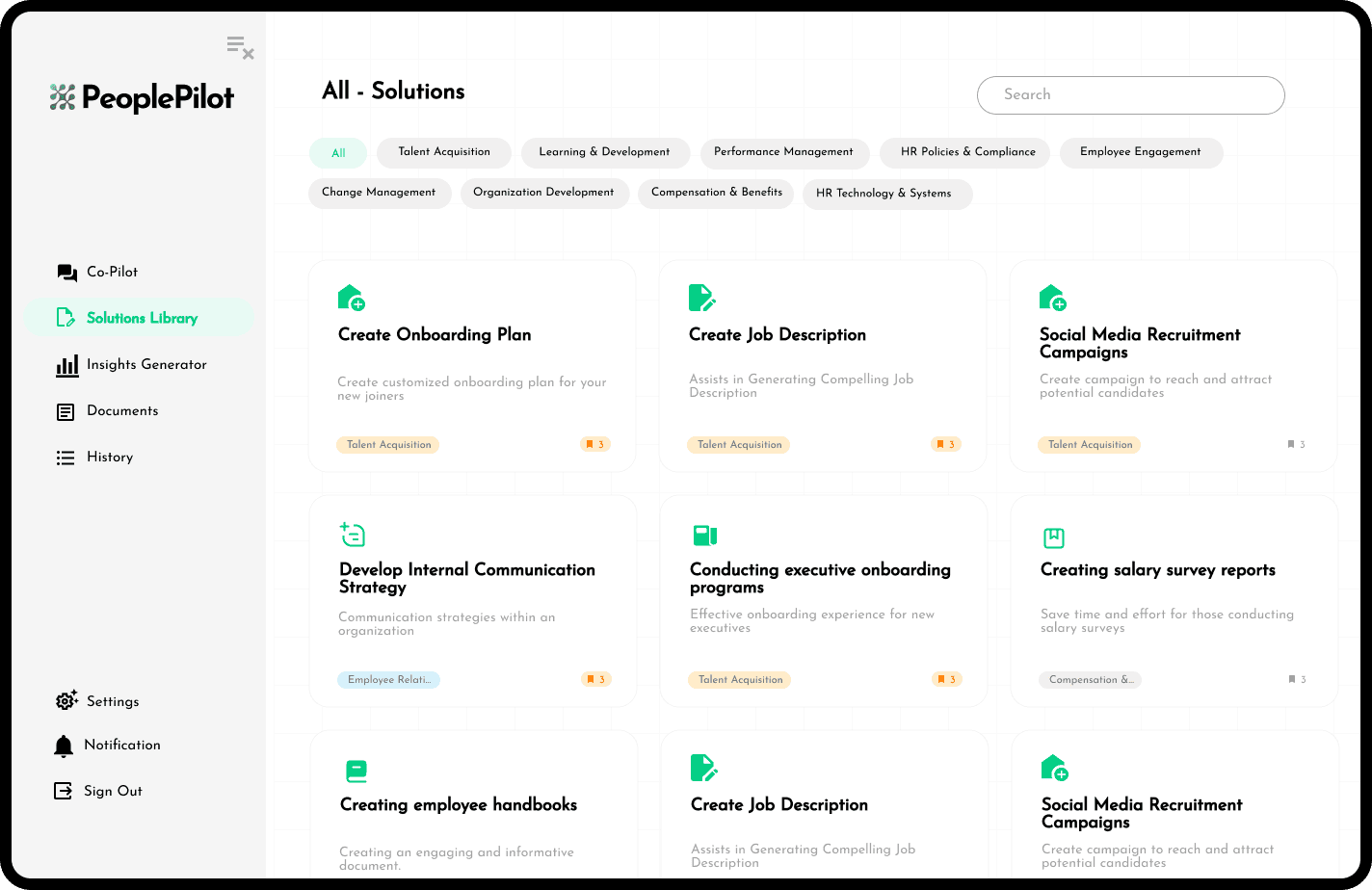 "PeoplePilot Solutions Library Interface showcasing AI-powered HR tools. Features include onboarding plans, job descriptions, and social media recruitment campaigns etc.