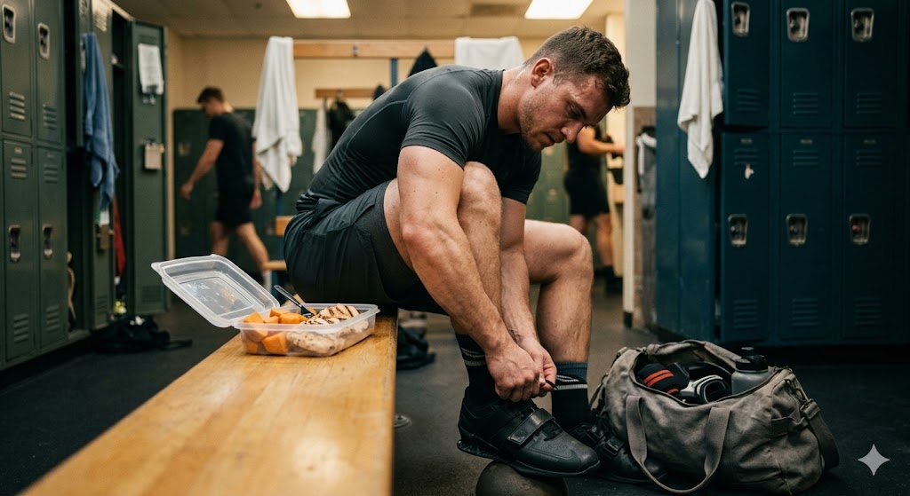 A muscular athlete in a gym locker room, sitting on a bench and tying his shoes before a workout, with an open container of grilled chicken and sweet potatoes pre-workout meal beside him and a gym bag on the floor.