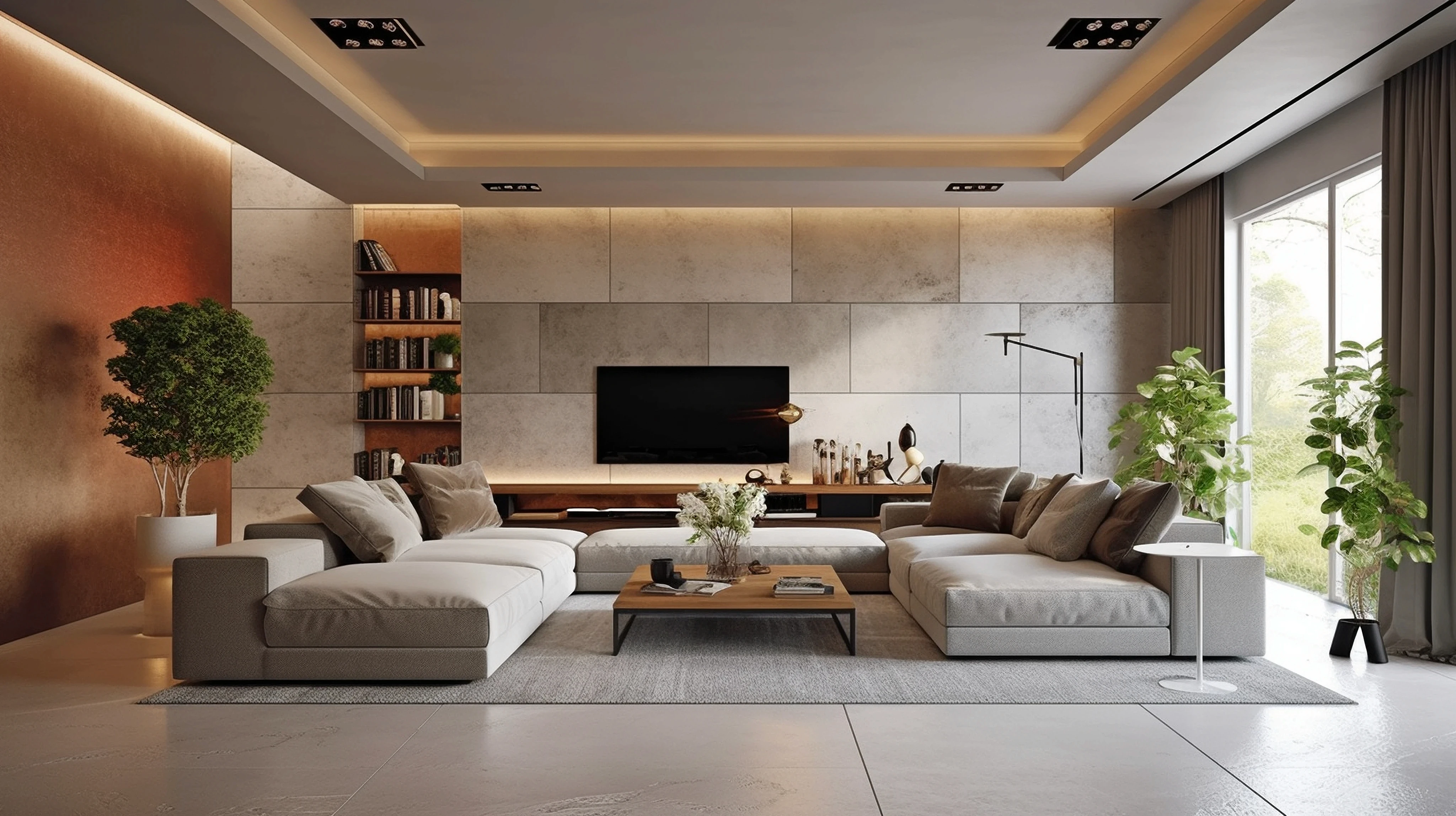 Stylish modern living room with beige sectional sofas, a wooden coffee table, large TV, bookshelves, indoor plants, and floor-to-ceiling windows.