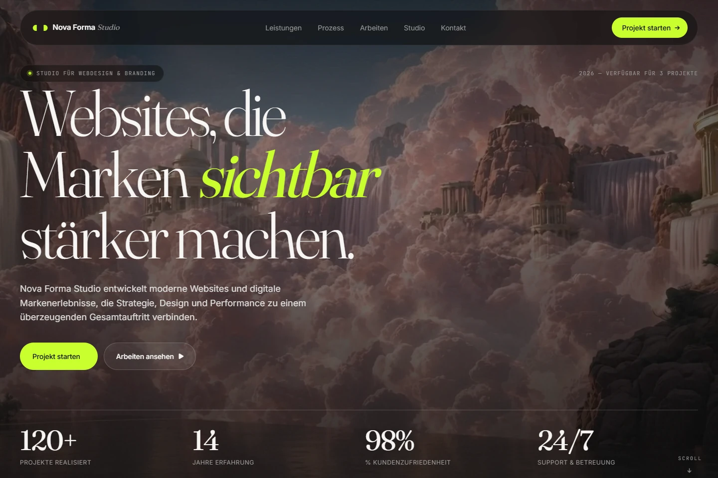 Designkonzept Nova Forma Studio mit expressiver Landschaft, großer Typografie und leuchtenden Kontaktbuttons.