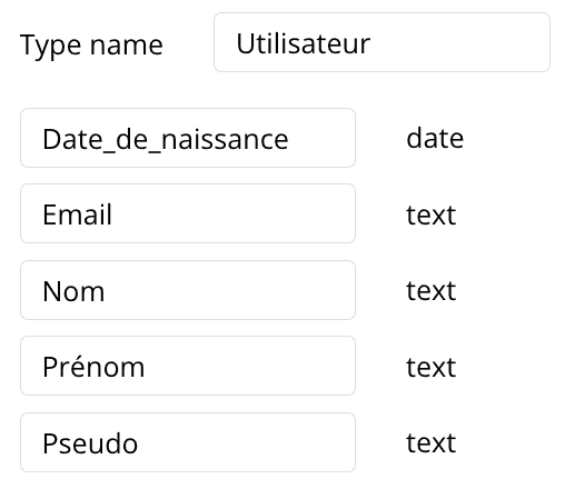 Exemple d'un data type et fields dans Bubble