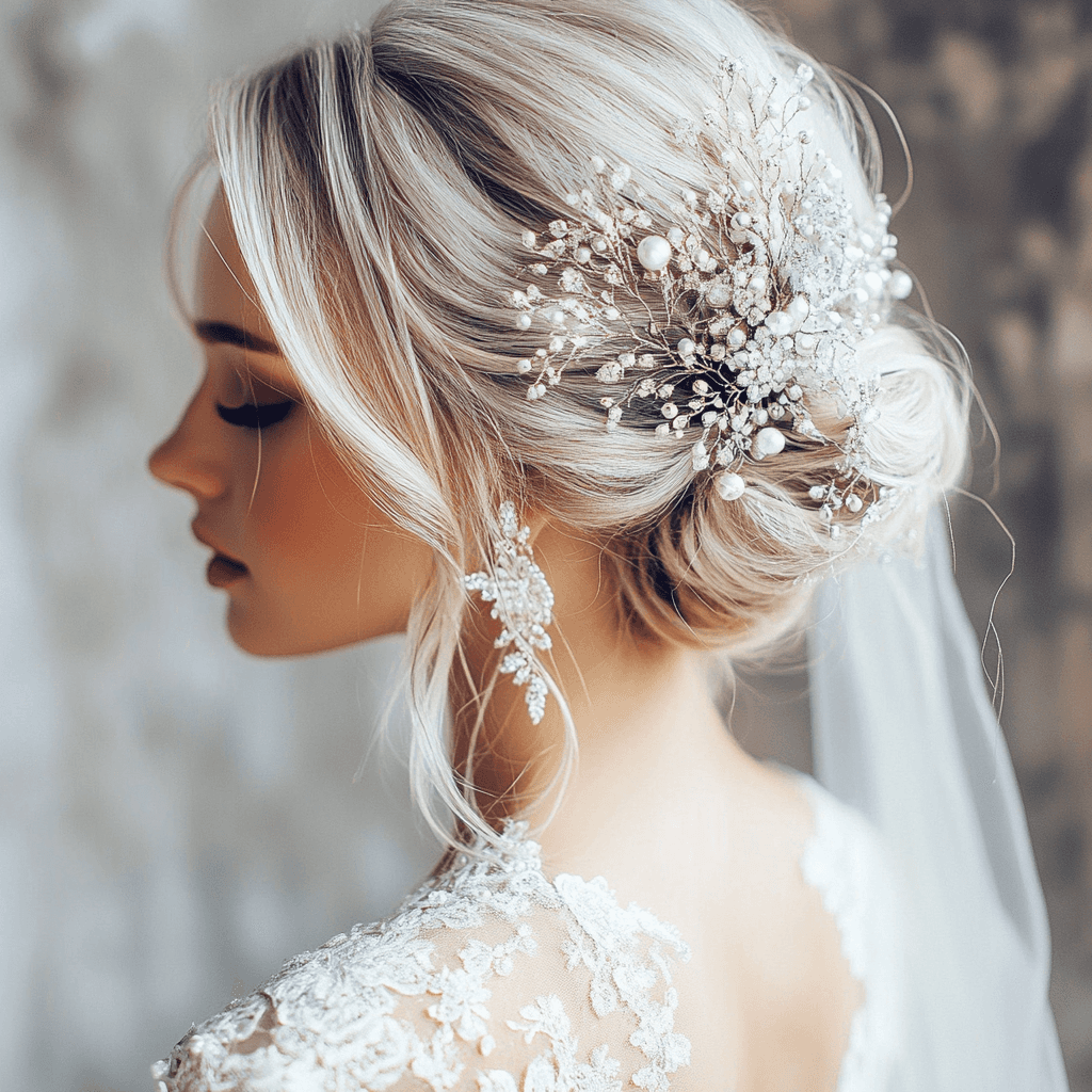 Luxuriöse Hochsteckfrisur für weißblonde Haare, die deinem Brautlook mit Glanz und Finesse einen einzigartigen Charme verleiht.