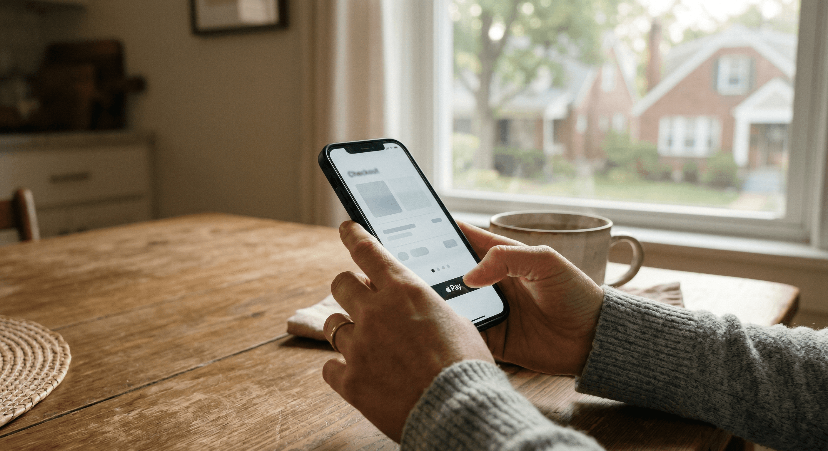 Woman completing a workplace accommodation evaluation payment on her phone at a kitchen table