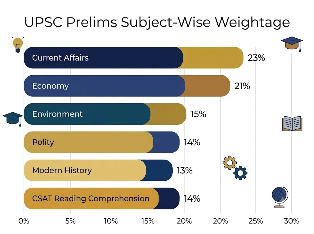 UPSC Prelims subject-wise weightage chart for Polity Economy History Environment