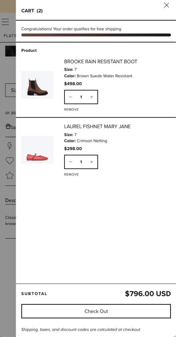 Mobile shopping cart displaying selected Freda Salvador footwear items