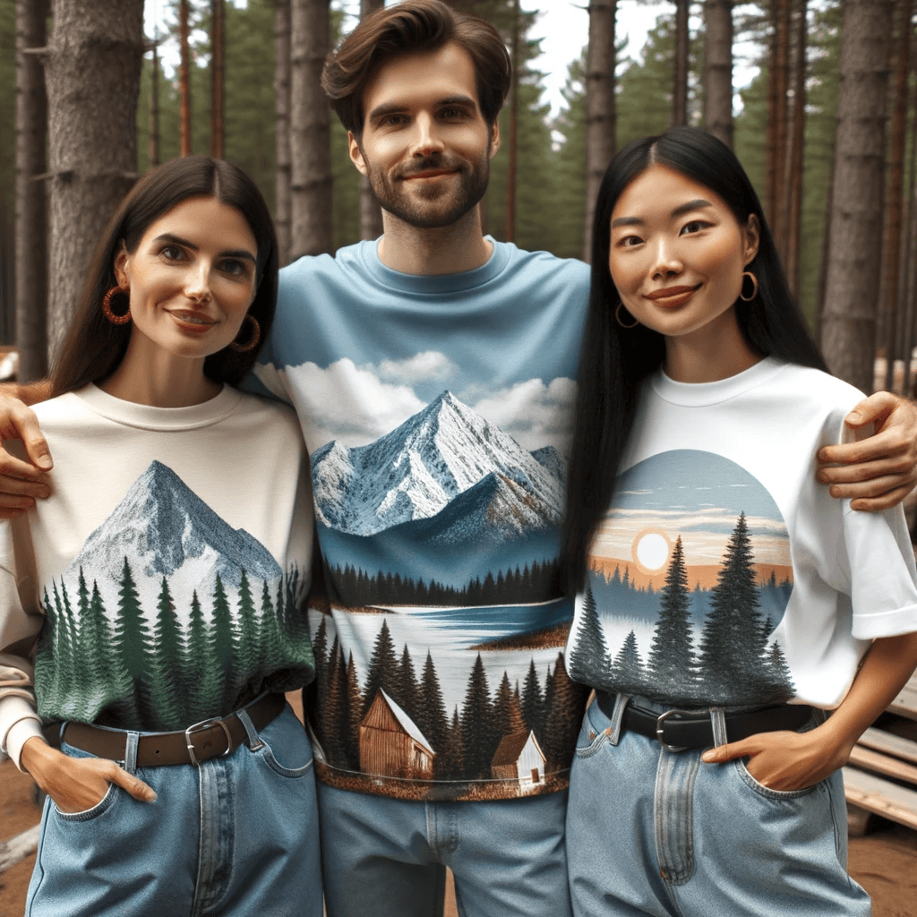 3 people wearing similar shirts, all showing mountain illustrations