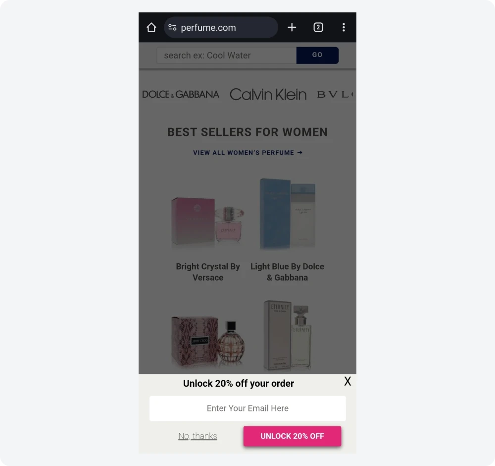 Perfume.com mobile bottom banner popup optimized for the ergonomic thumb zone