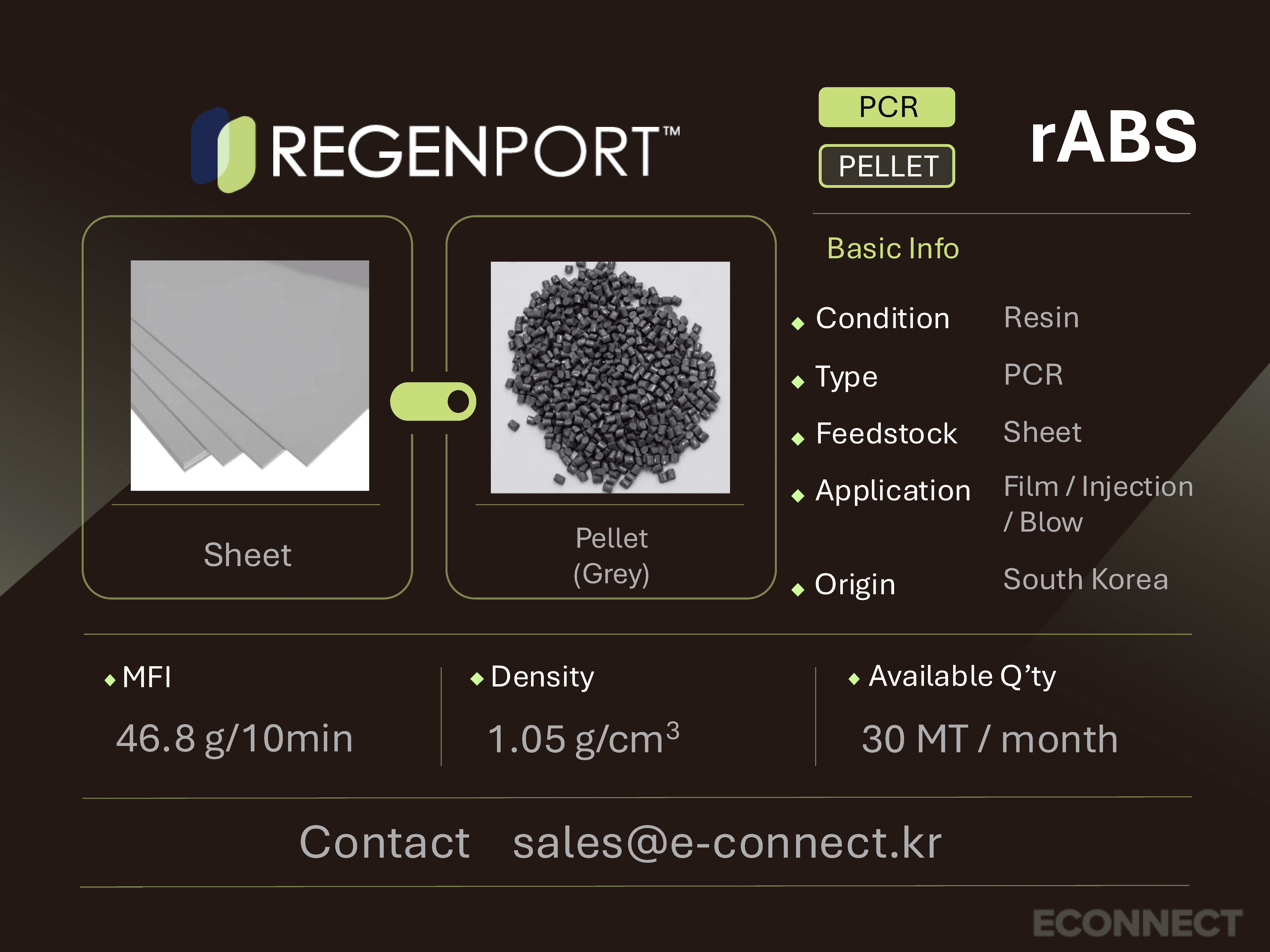 rABS PCR resin spec card - Sheet scrap to pellet form