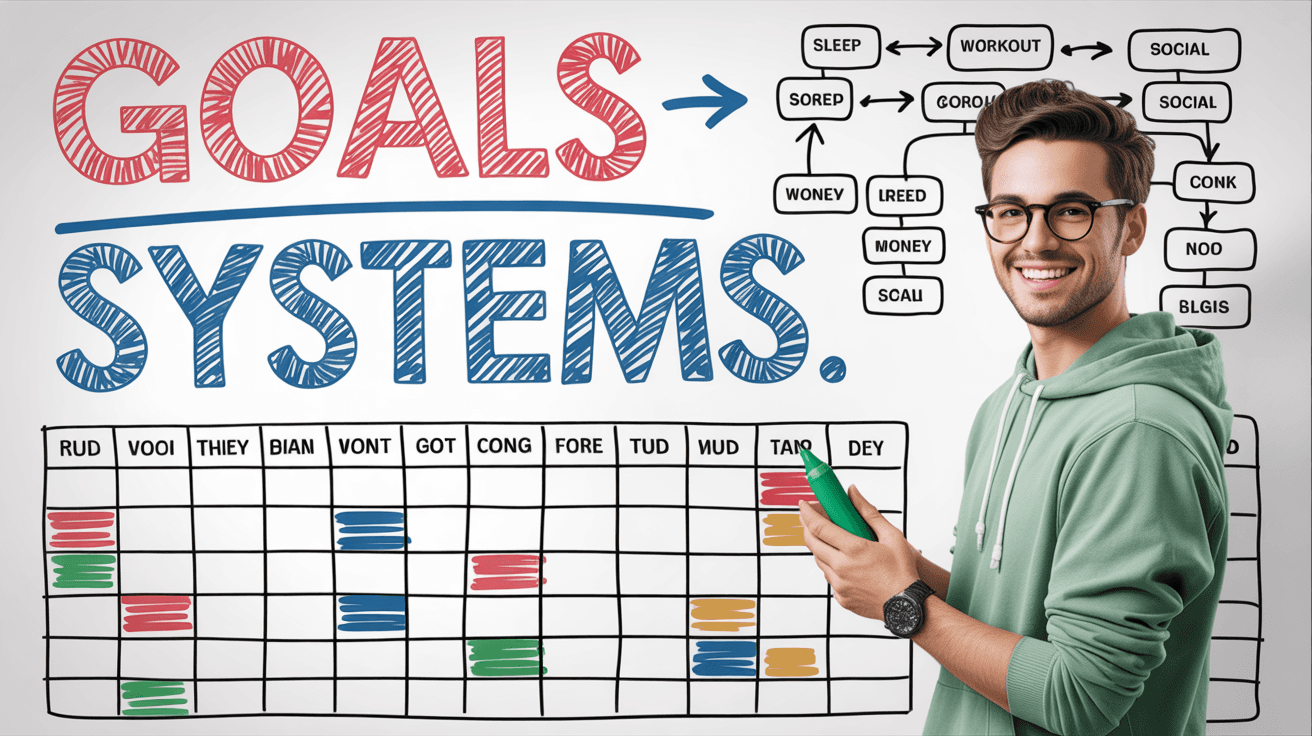 Ali Abdaal-style productivity system thumbnail with creator by whiteboard showing goals to systems diagram