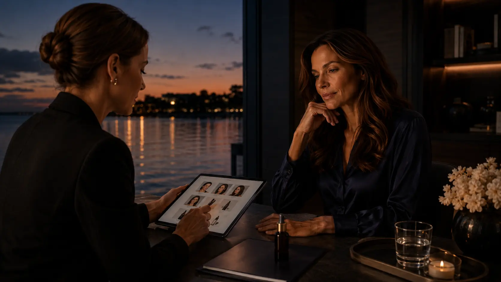 Two women reviewing a tablet at a table by a waterfront window at dusk