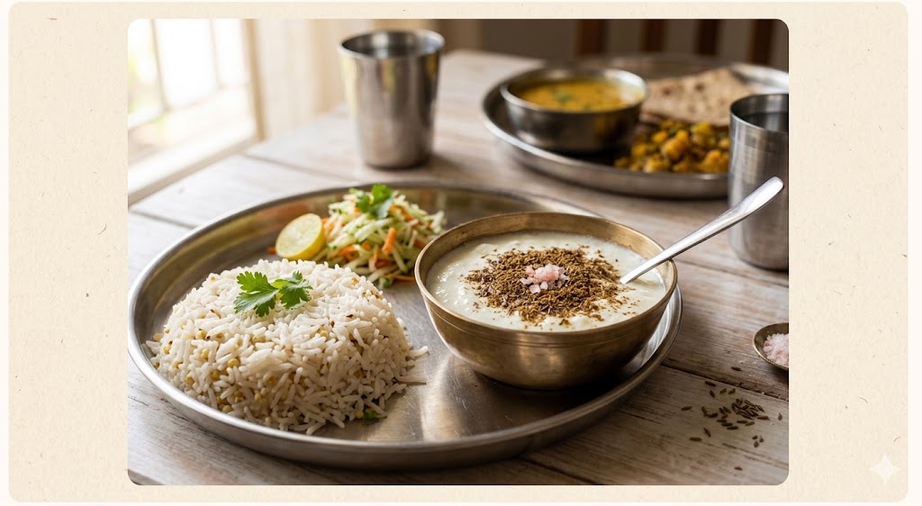 A photograph of an authentic Indian home-style meal. A central bowl of fresh dahi (curd) topped with roasted cumin powder and rock salt, served with rice and a side of grated cucumber and carrot raita, with a shallow depth of field.