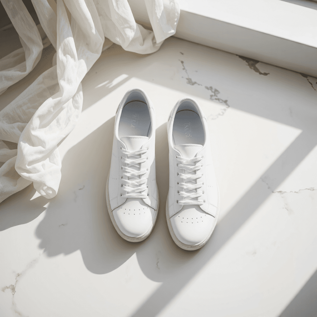 product photography of a pair of white sneakers