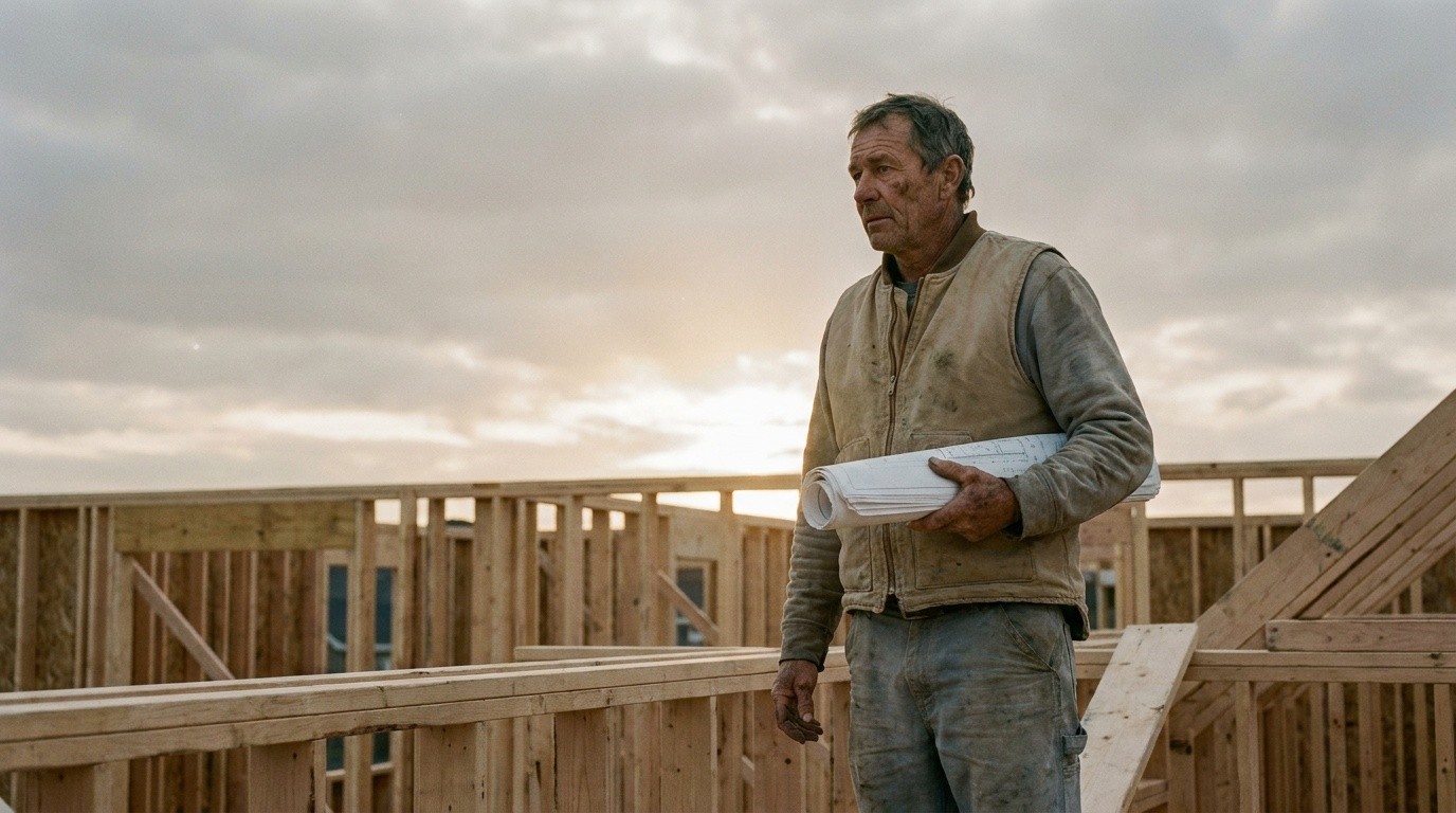 A general contractor holding rolled drawings on a half-framed house at golden hour, evoking bids won by whoever answers the phone first