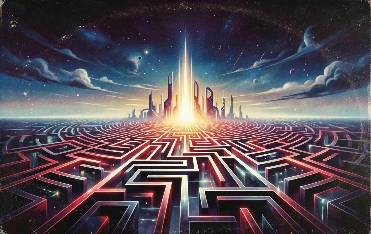 Futuristic cityscape with neon maze, symbolizing RockN' Socials Digital Marketing Agency.