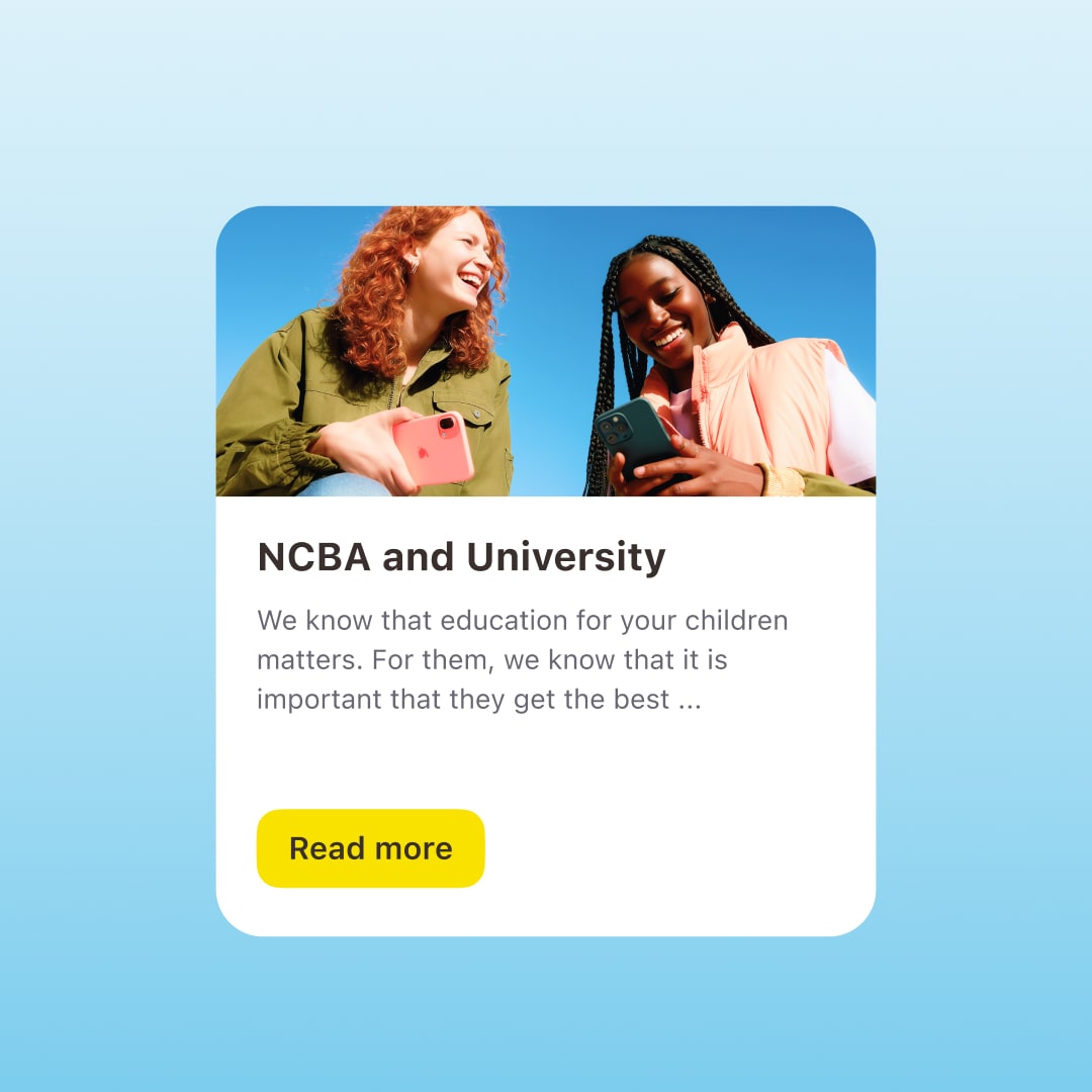 Promotional card component showing two young women using smartphones, with the title "NCBA and University" and a "Read more" button styled in NCBA's brand yellow.