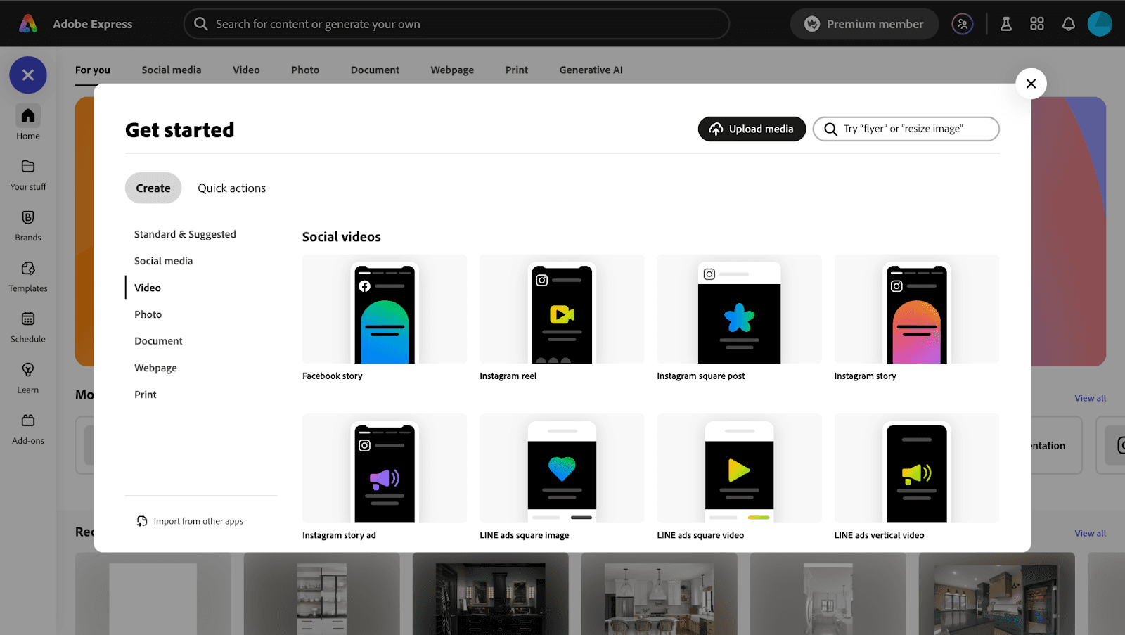 adobe express home page showing different design dimension sizes