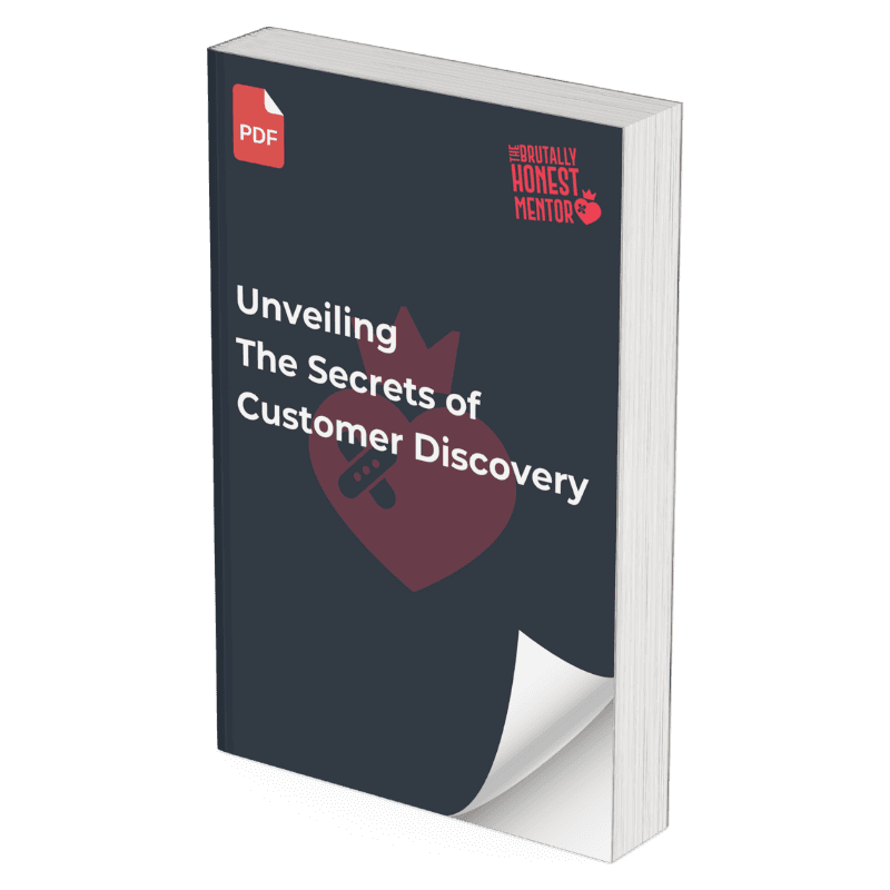 A digital 3D mockup of a book titled "Unveiling the Secrets of Customer Discovery" with a PDF icon in the top-left corner. The cover is dark with white text, and the logo of "The Brutally Honest Movement" appears in red on the upper right of the book. The background features a wavy red pattern with white lines.