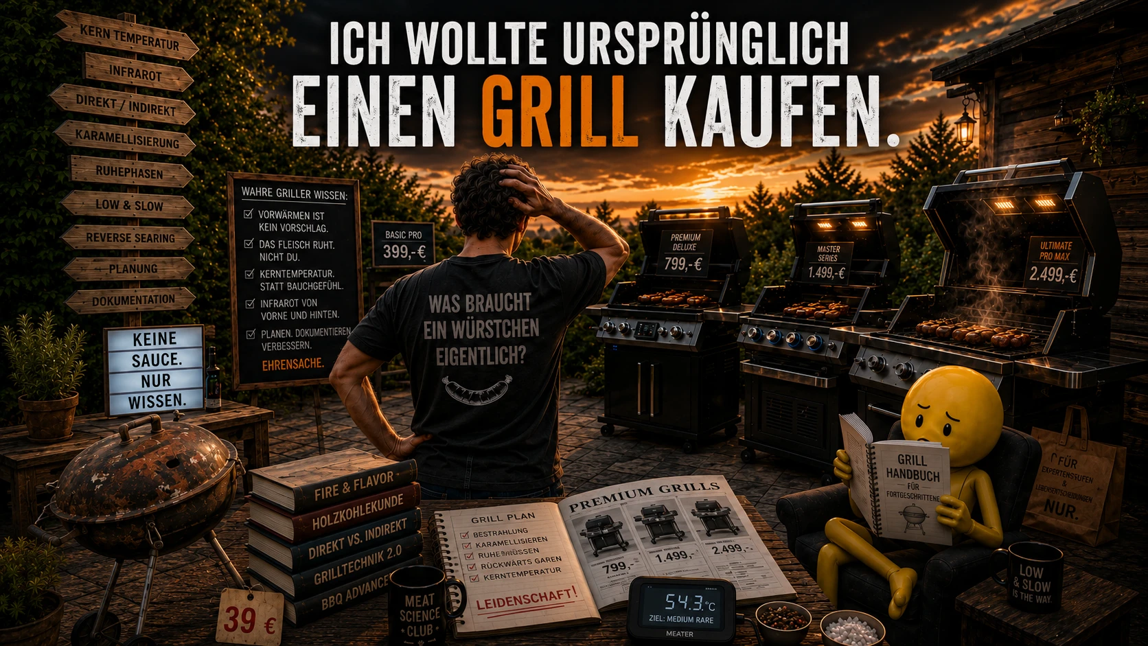 Ein Mann steht ratlos vor einer Auswahl immer teurerer Grills, während Harald im Grillhandbuch nach Antworten sucht.