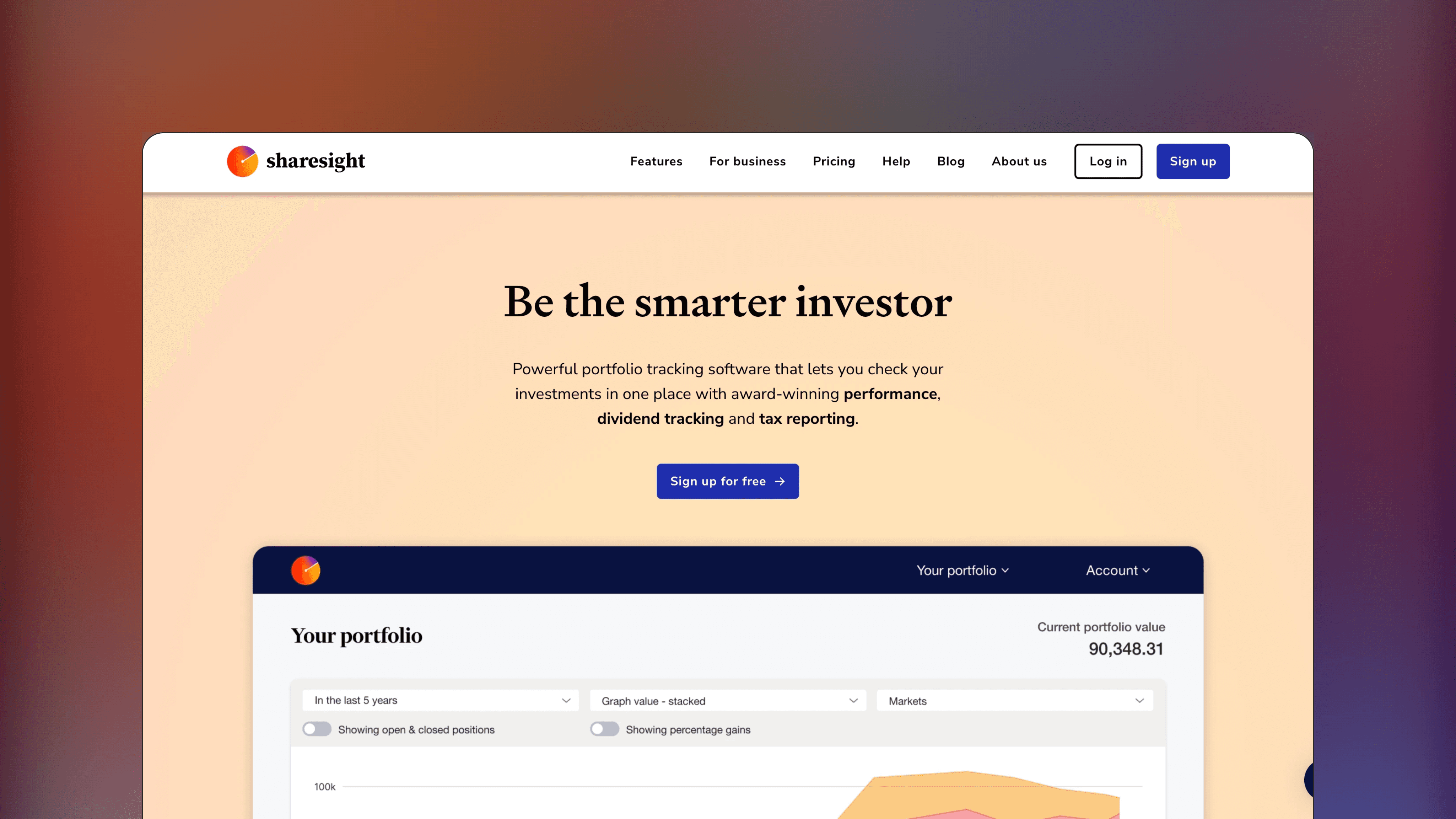 Website preview of Sharesight, trade management tracking platform displaying a dashboard of portfolio performance.
