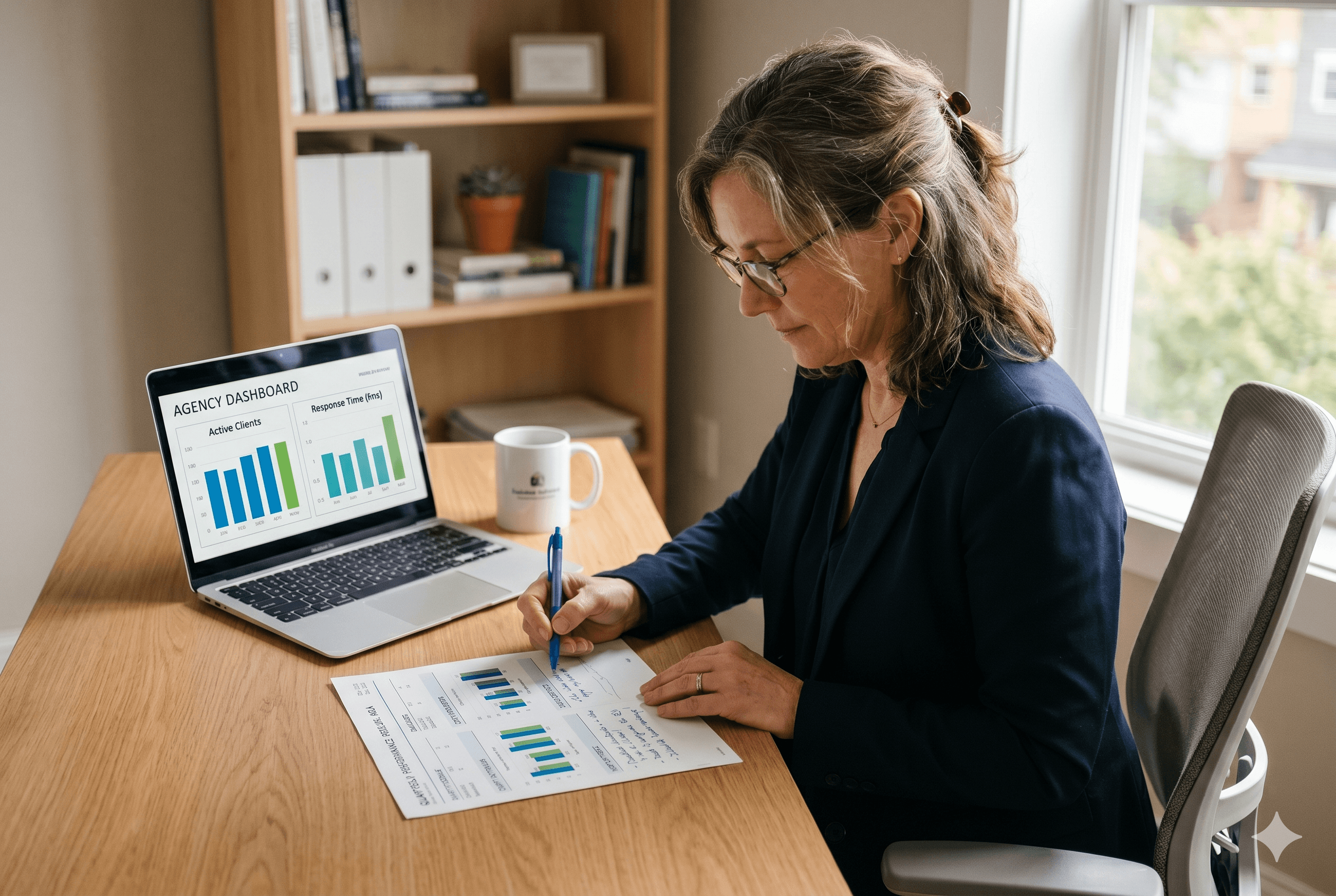 A professional woman reviewing a printed performance report at an organized wooden desk next to a laptop displaying business analytics.