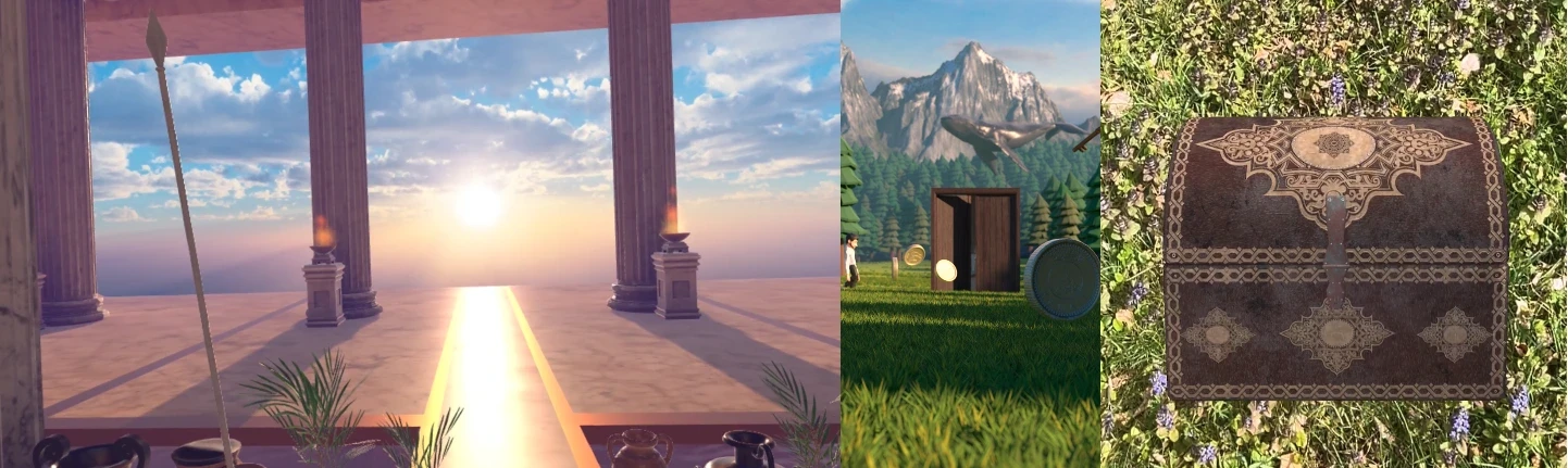 This image presents a selection of vibrant scenes from Takeaway Reality's AR treasure hunt app, illustrating the immersive experiences available in Augmented Reality treasure hunts. On the left, a grand temple with columns and a glowing path creates an epic setting for users to explore and uncover hidden treasures, showcasing the creative environments built in an AR treasure hunt app. In the middle scene, an outdoor field with targets and mountains in the background adds an element of adventure, where users can search for digital clues and interact with virtual objects during their treasure hunt. On the right, a detailed treasure chest rests on a grassy field, representing the rewards awaiting participants in AR treasure hunting experiences. These visually rich scenes highlight the engaging potential of an AR event app, blending real-world exploration with interactive, augmented reality elements to enhance user participation and excitement. The image captures the essence of Augmented Reality treasure hunts, where virtual clues and rewards create an unforgettable adventure for users.