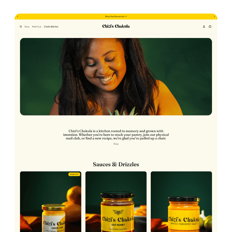 Chizi's Chakula homepage featuring sauces and drizzles with a smiling woman against a green background.