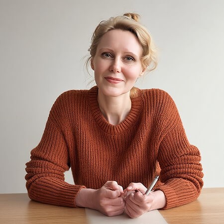 Woman in terracotta sweater presenting client re-engagement email AI prompt for menopause coaches