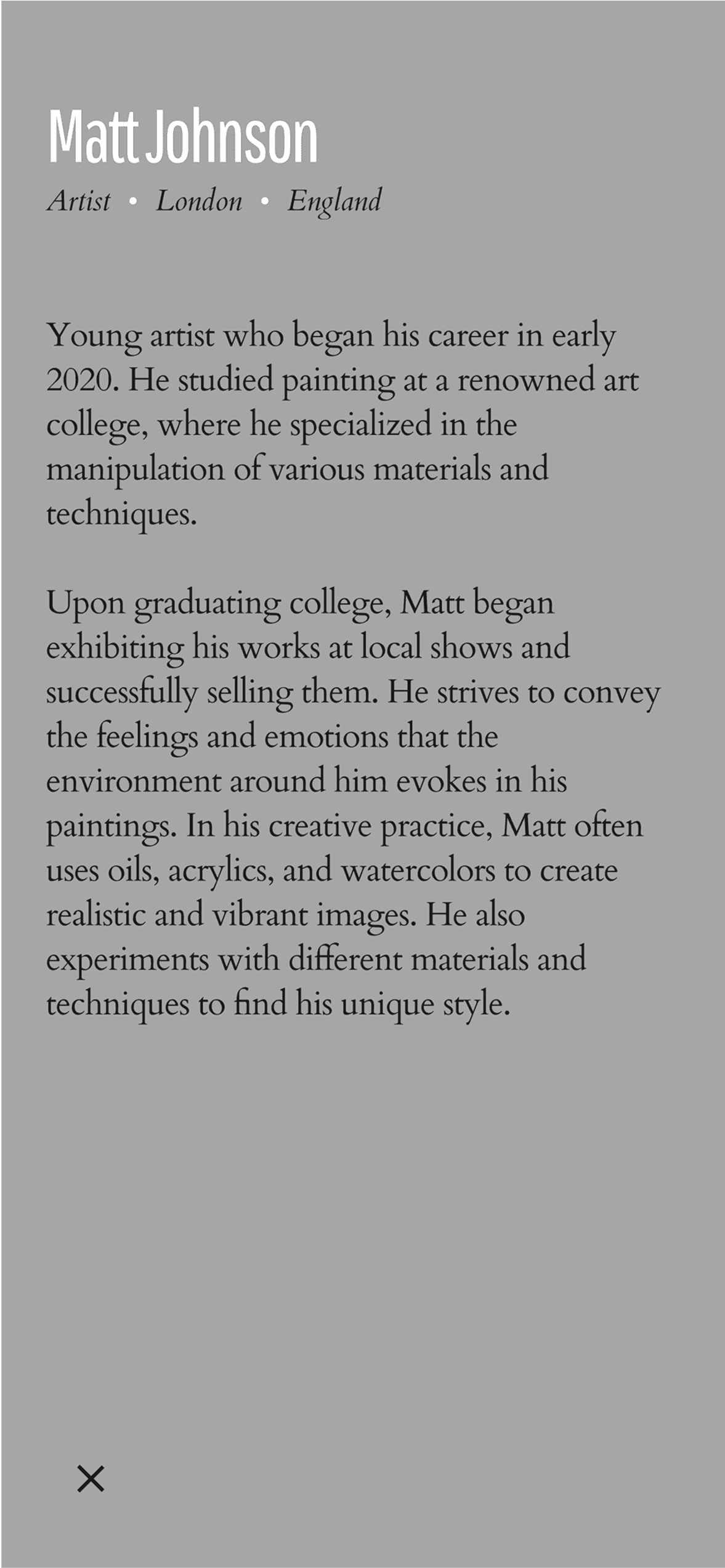 Artist bio with education, techniques, and exhibition history