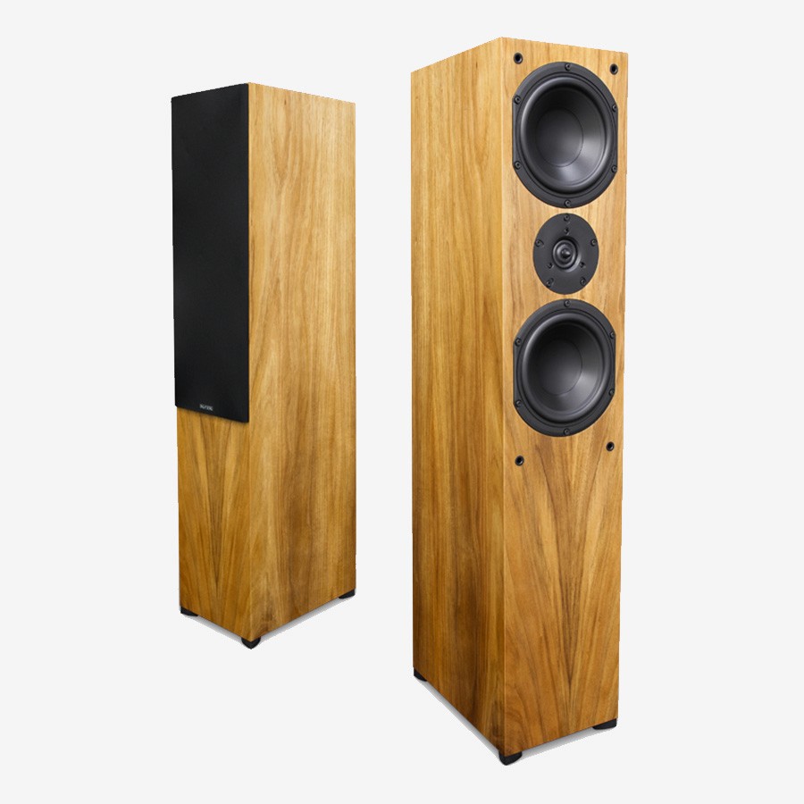 Wooden floor speakers with black grilles and drivers