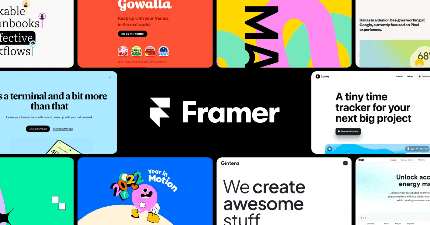 Collage aus Framer-Website-Templates rund um das Framer-Logo