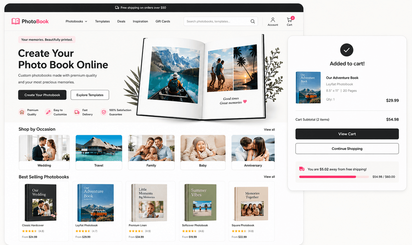 Photobook storefront with cart drawer